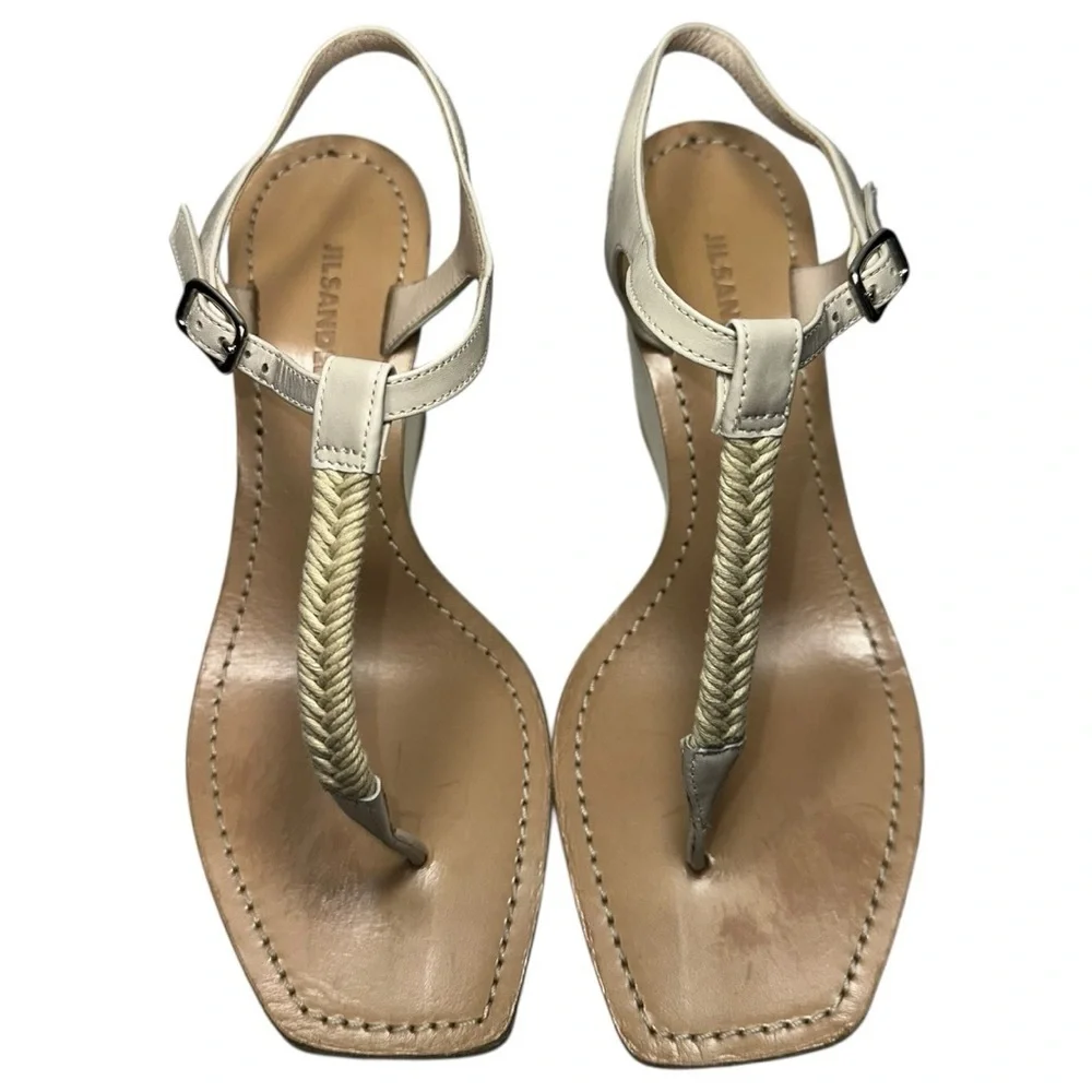 Jil Sander Women’s 37 7 White Tan Metallic Gold Roped T-Strap Platform Sandals
